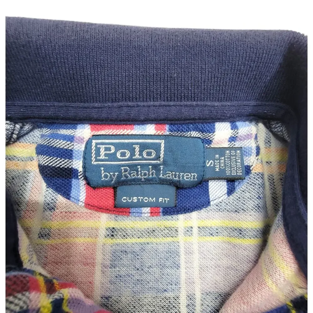 Polo Ralph Lauren Mens Small Blue Plaid Madras Custom Fit Pique Polo Shirt
